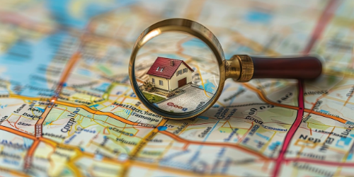 Map with model house being examined by a magnifying glass